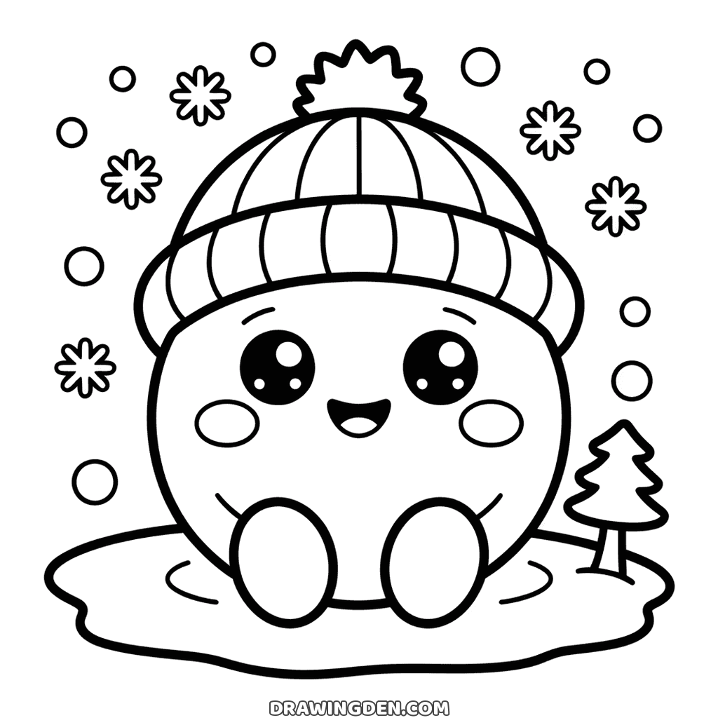 Kawaii snowball character with a big smile, rosy cheeks and a knitted winter hat, snowflakes around it