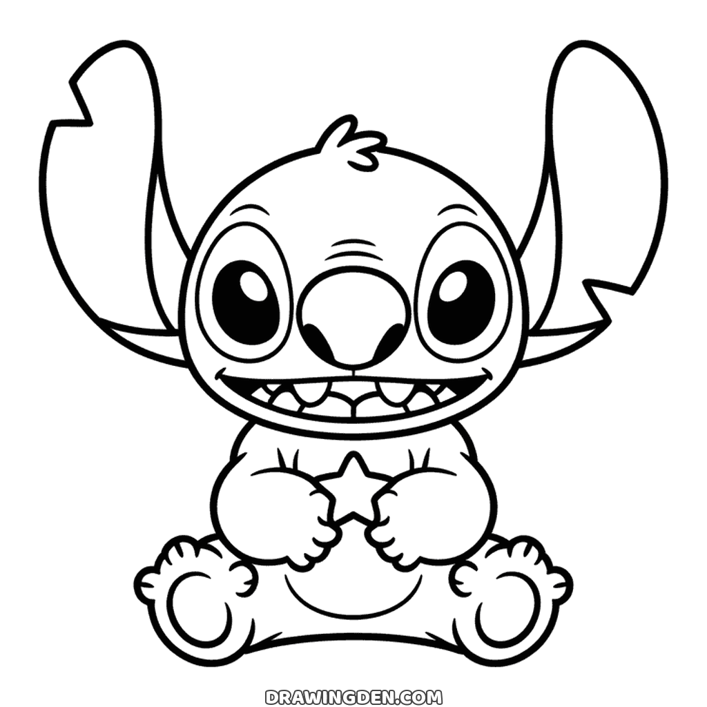 Kawaii Stitch grinning wide with a small star in his paws, sitting with his big feet forward