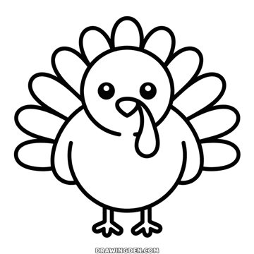 Kawaii turkey seen from the front, a round body and head, two eyes, a small beak and wattle, its tail feathers fanned out behind