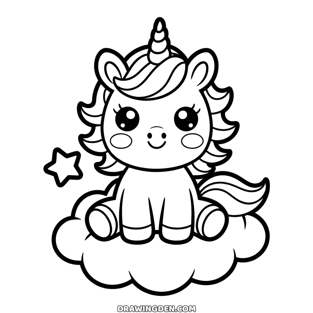 Dessin gratuit de bébé licorne kawaii à imprimer, assise sur un nuage avec une étoile