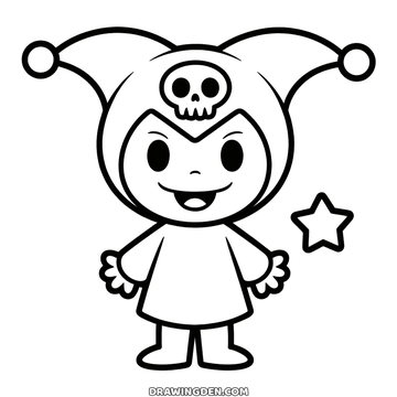 Hello Kitty drawing: Kuromi standing in a jester hood with two pom-pom points and a skull on the forehead