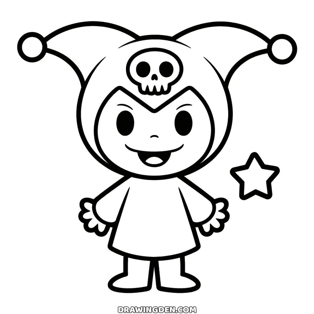 Hello Kitty drawing: Kuromi standing in a jester hood with two pom-pom points and a skull on the forehead
