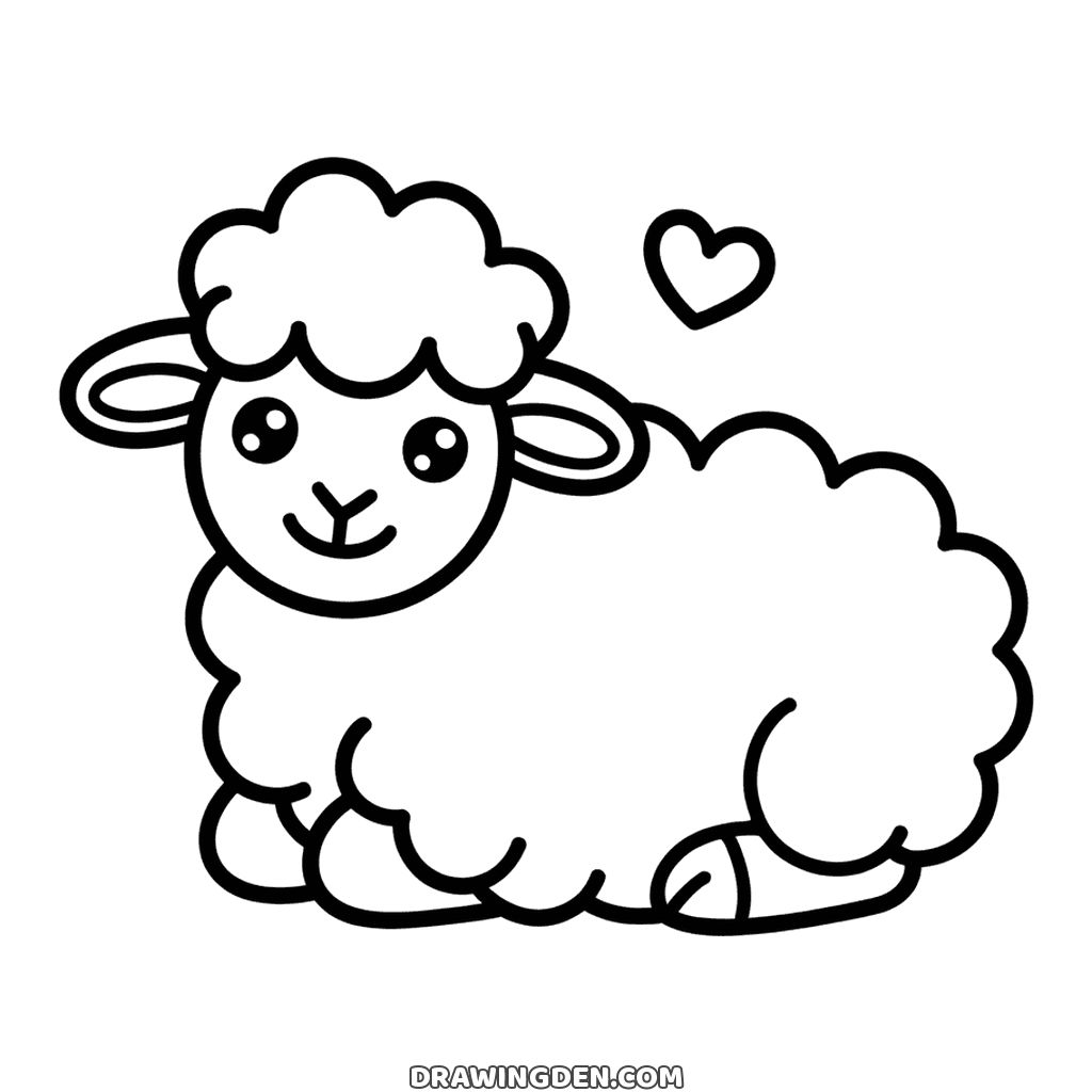 Cute lamb lying down with a curly woolly coat, a smiling face and a small heart floating above its head