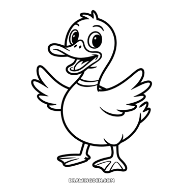 Laughing duck standing on webbed feet with its wings open, a tuft on its head, a ring around its neck and its beak wide open