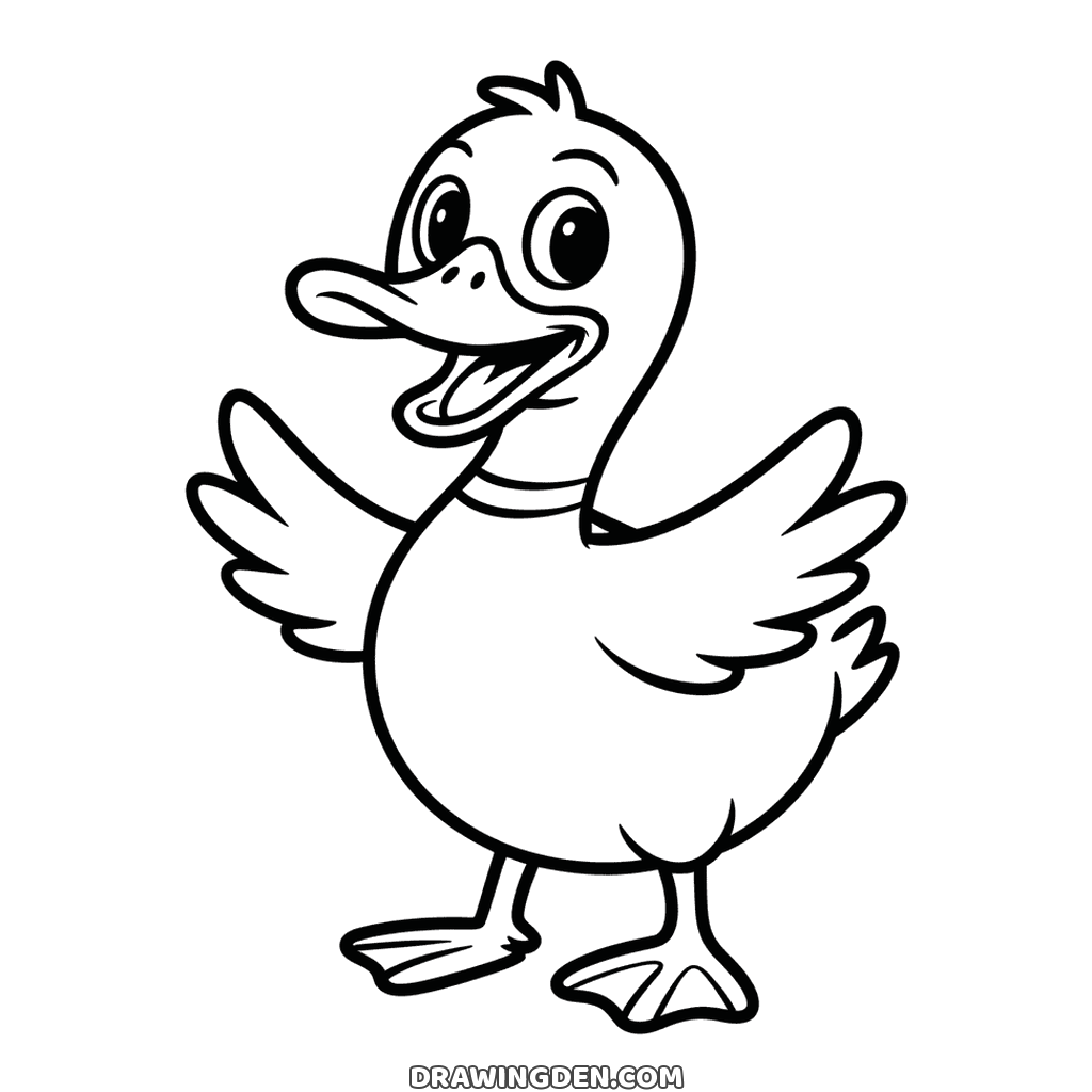 Laughing duck standing on webbed feet with its wings open, a tuft on its head, a ring around its neck and its beak wide open