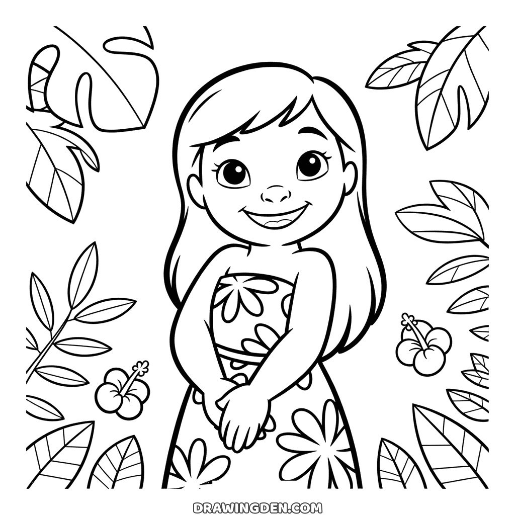 Lilo from Lilo and Stitch smiling in her flowered dress, framed by big tropical leaves and hibiscus flowers