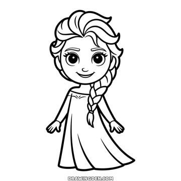 Little Elsa standing with arms at her sides, big eyes and a long braid over one shoulder, simple Frozen coloring page