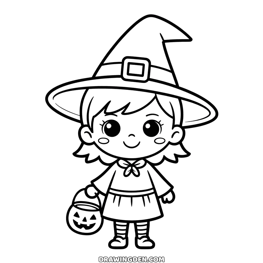 Halloween witch girl coloring page: a girl in a pointed hat with a buckle, a cape, striped stockings and a small pumpkin pail