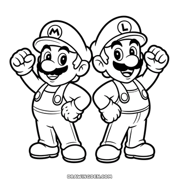 The Mario brothers standing together, Mario with the M cap and Luigi with the L cap, each with a fist in the air