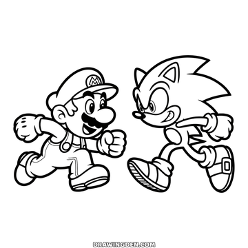 Mario and Sonic running toward each other, Mario pumping his fists and Sonic grinning with his quills streaming back