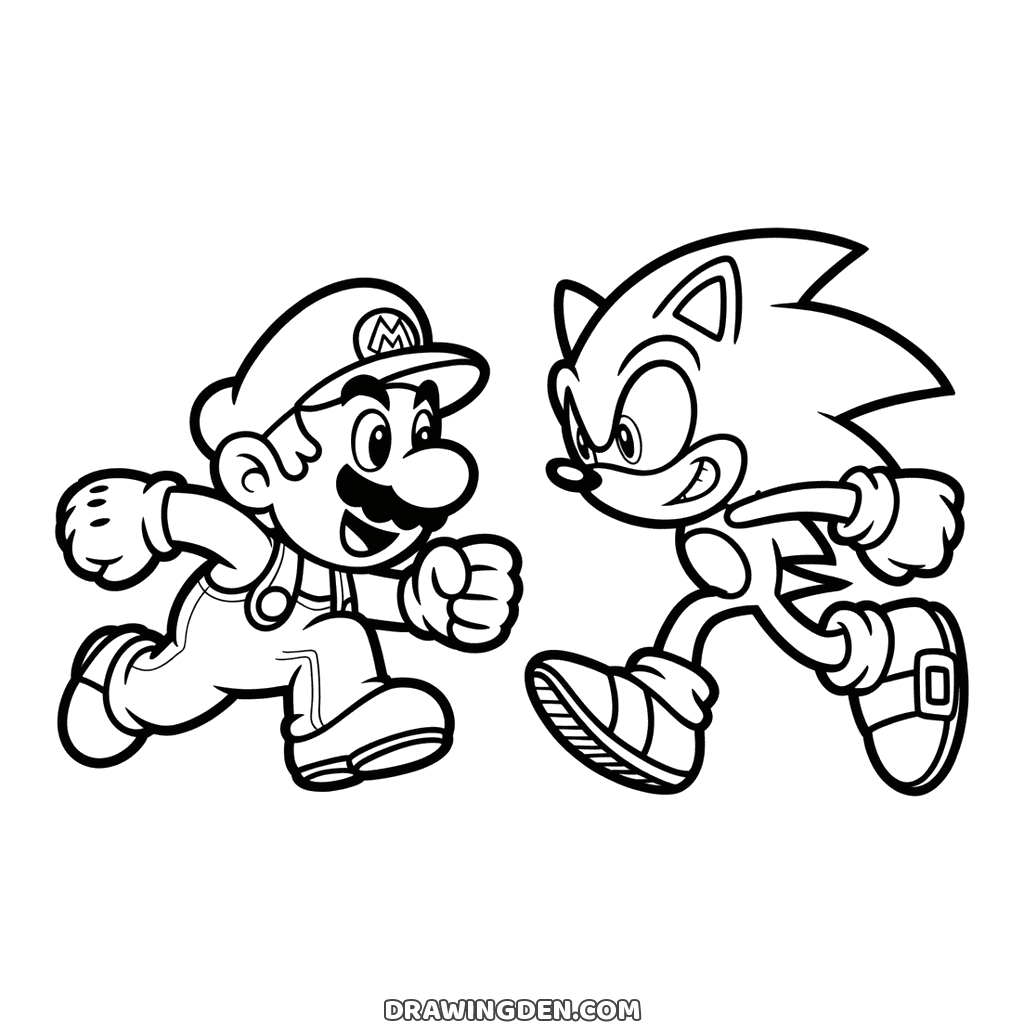 Mario and Sonic running toward each other, Mario pumping his fists and Sonic grinning with his quills streaming back