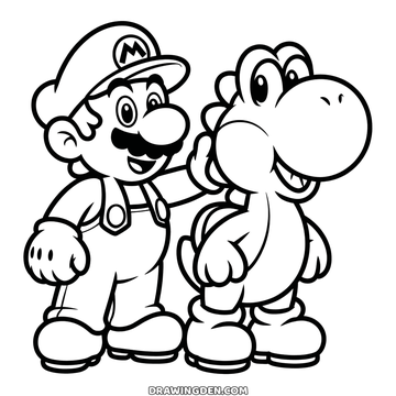 Mario standing next to Yoshi with a hand on the dinosaur's cheek, both smiling side by side