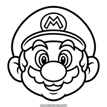 Close-up of Mario's face with the M emblem on his cap, round eyes, a big round nose and a curly mustache