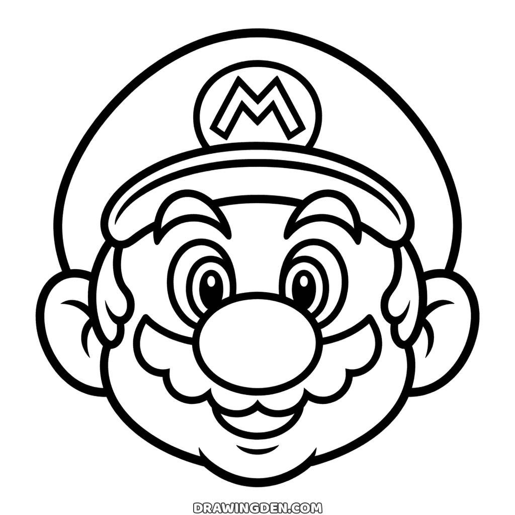Close-up of Mario's face with the M emblem on his cap, round eyes, a big round nose and a curly mustache