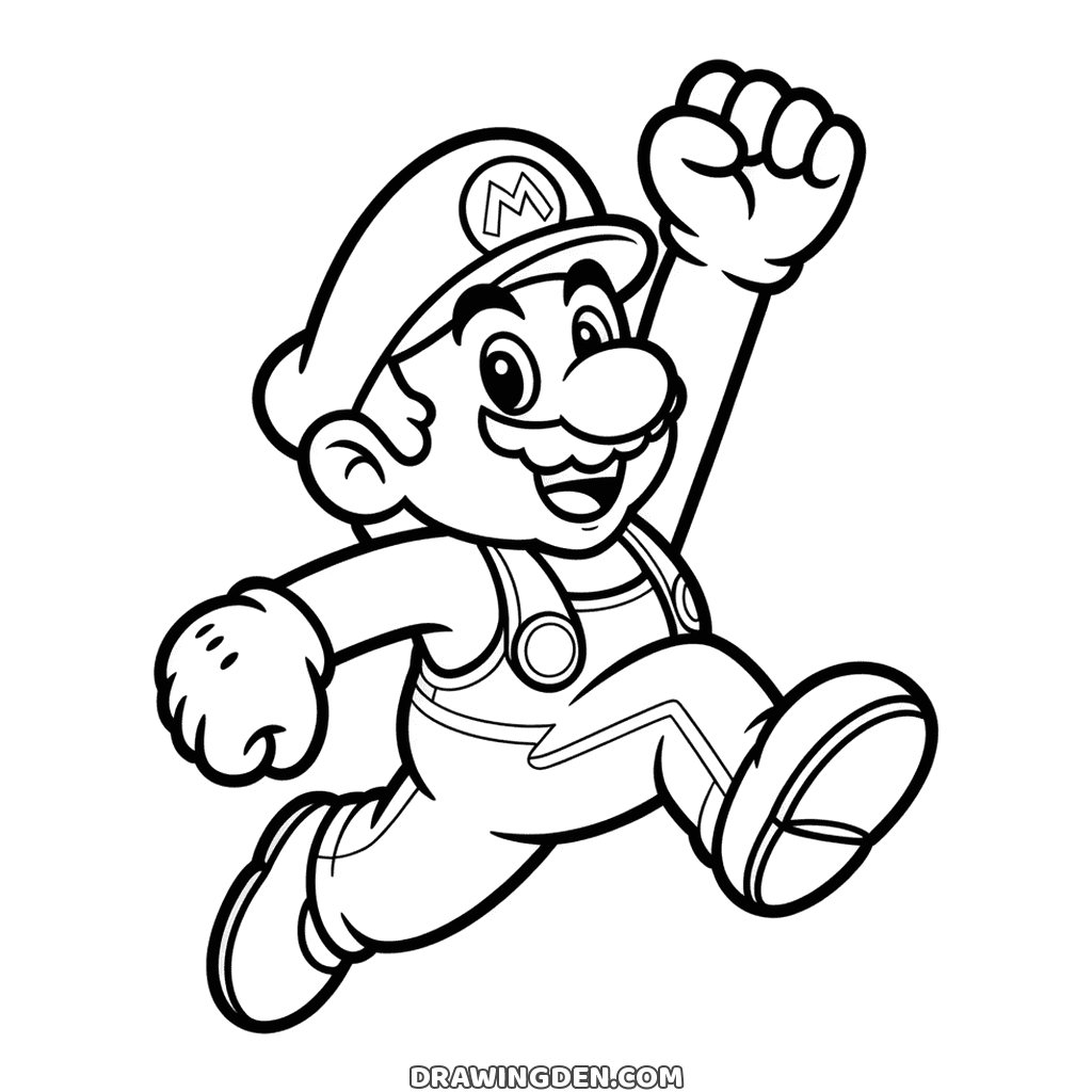 Mario jumping with one fist punched up high, one knee bent and his mouth open in a shout
