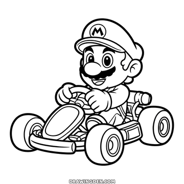 Mario sitting in a go-kart with both hands on the steering wheel, big wheels at the front and back