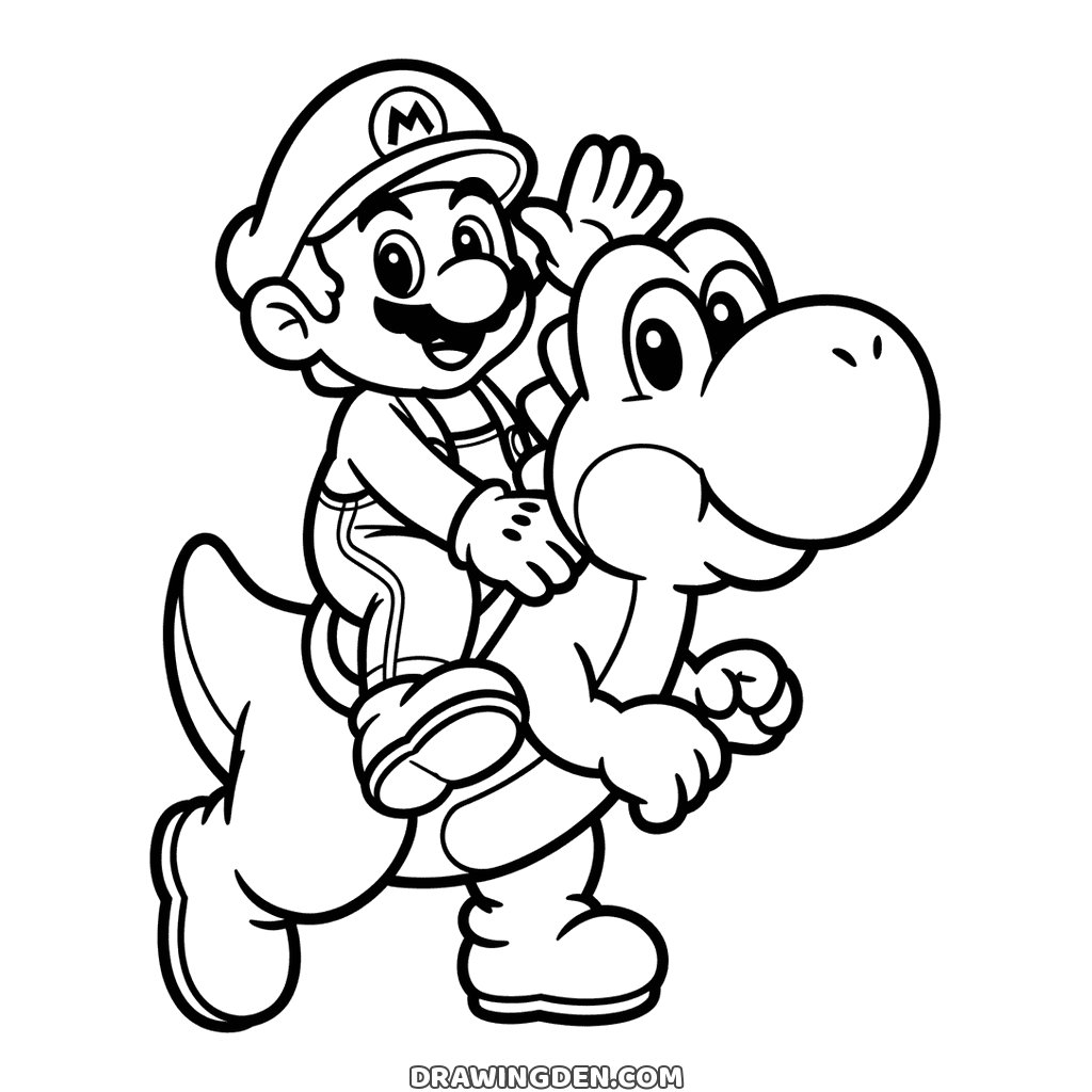 Mario sitting on Yoshi's back and waving, while Yoshi walks forward with a fist clenched