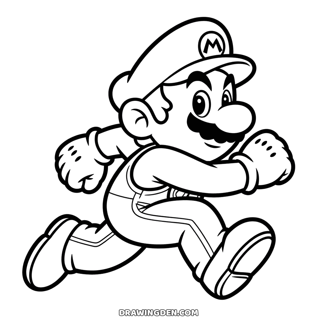 Mario running in three-quarter view, one gloved fist forward and the other swung back, leaning into his stride with a determined frown