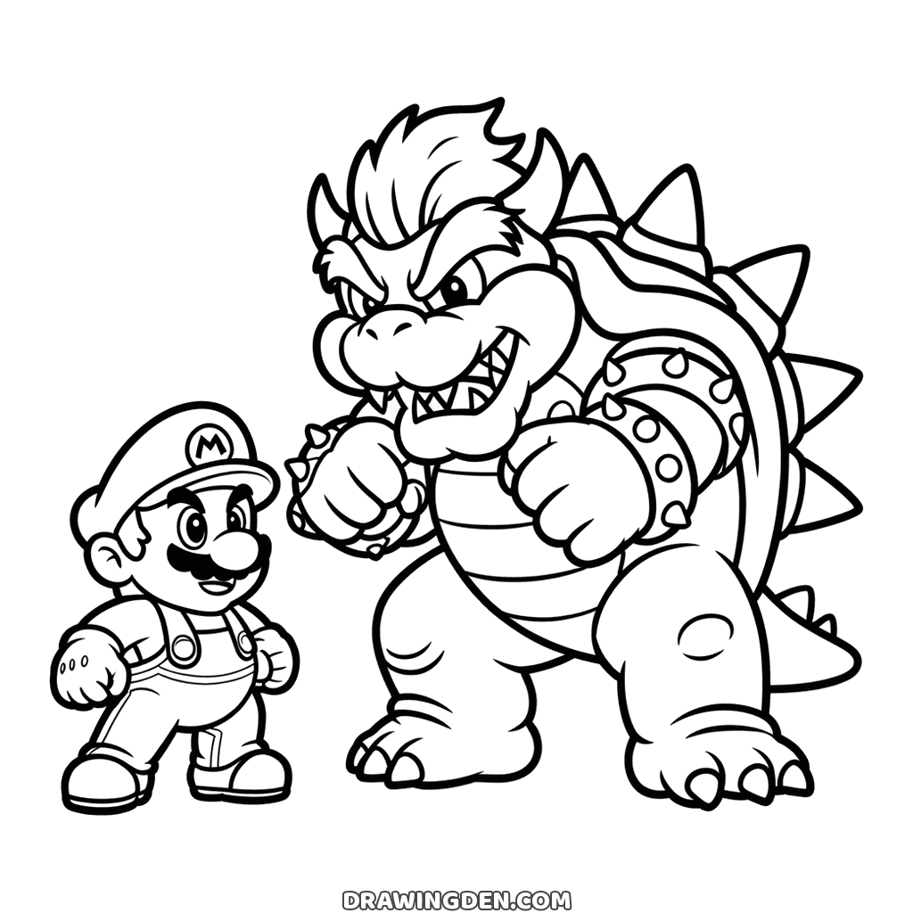 Small Mario standing his ground with clenched fists in front of the huge spiked Bowser, who raises his own fists and bares his teeth