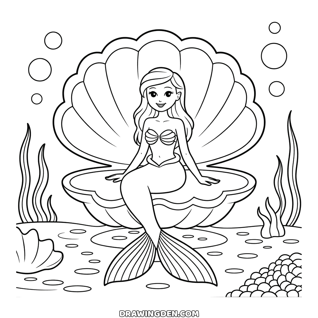 Mermaid seated on a large scallop shell throne with seaweed and small shells scattered on the seabed