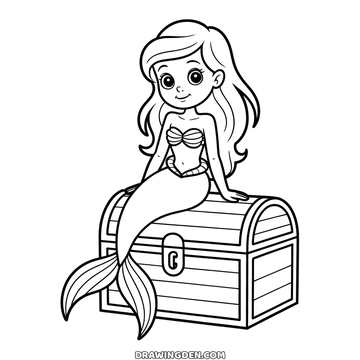 Mermaid perched on an open treasure chest spilling coins and pearls, her tail hanging down the front