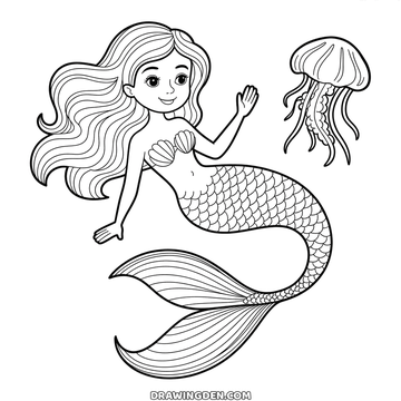 Mermaid swimming underwater beside a jellyfish with long trailing tentacles and bubbles all around them