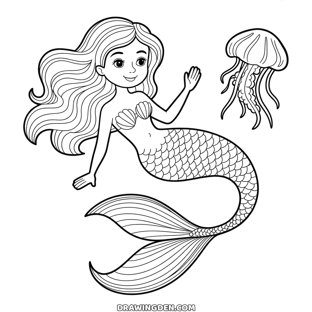 Mermaid swimming underwater beside a jellyfish with long trailing tentacles and bubbles all around them