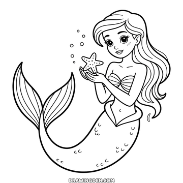 Mermaid drawing holding a starfish up in one hand with small bubbles rising past her and a long tail