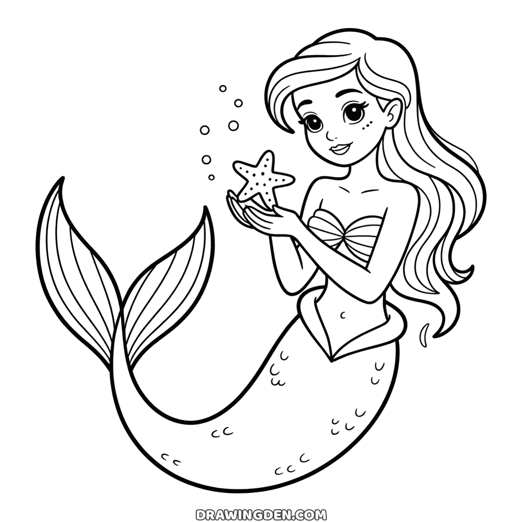 Mermaid drawing holding a starfish up in one hand with small bubbles rising past her and a long tail
