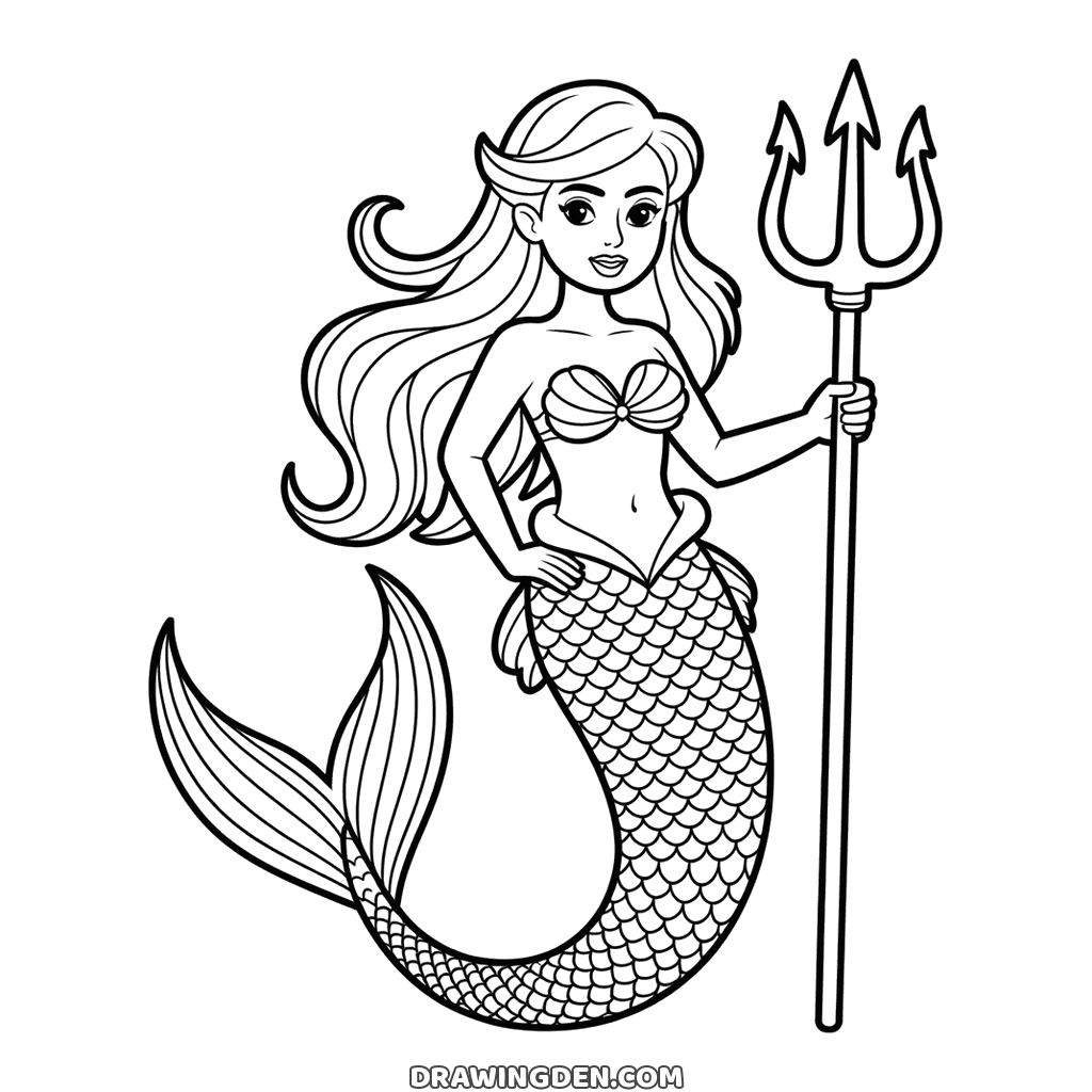 Mermaid holding a long trident upright in one hand with her tail sweeping behind her and a crown of shells