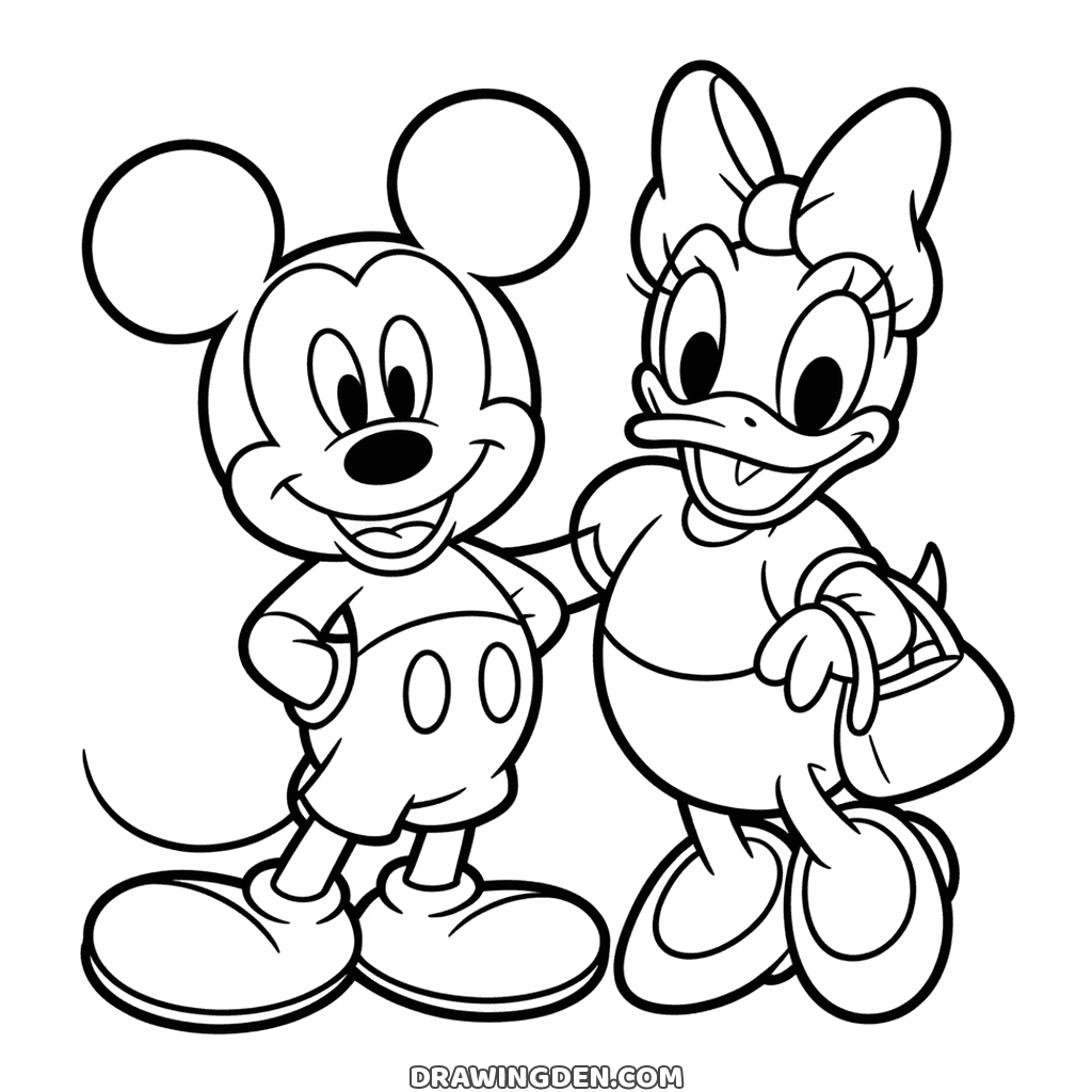 Mickey Mouse standing next to Daisy Duck, Daisy with a bow on her head, long eyelashes and a handbag on her arm