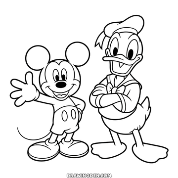 Mickey Mouse waving next to Donald Duck, Donald with his sailor cap and shirt and his arms crossed over his chest