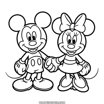 Mickey and Minnie Mouse standing side by side holding hands, Minnie with her bow and her skirt, both smiling