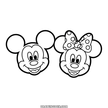 Faces of Mickey and Minnie Mouse next to each other, Minnie wearing a big polka dot bow, both smiling