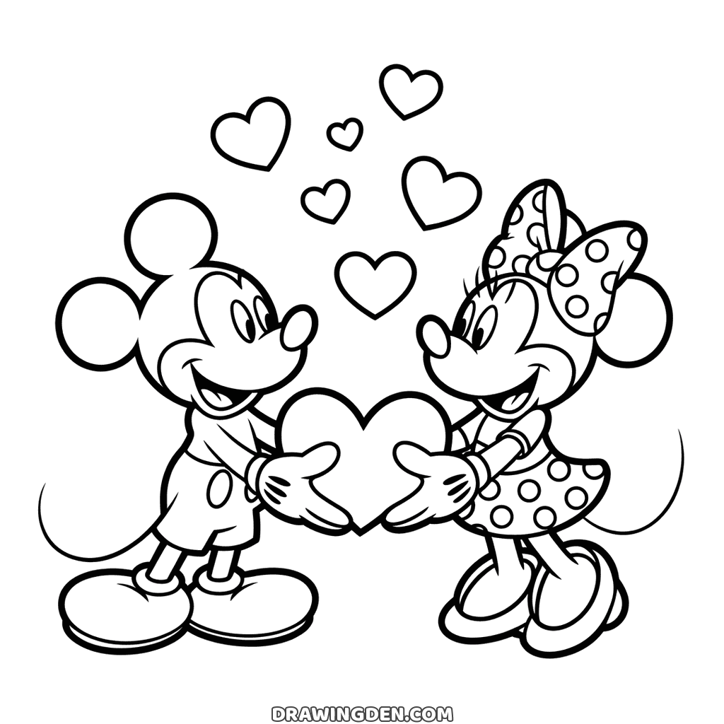 Mickey and Minnie Mouse holding one big heart between them, Minnie in a polka dot dress and bow, small hearts floating above their heads