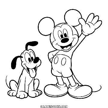 Mickey Mouse waving hello with one hand on his hip, his dog Pluto sitting beside him with his tongue hanging out