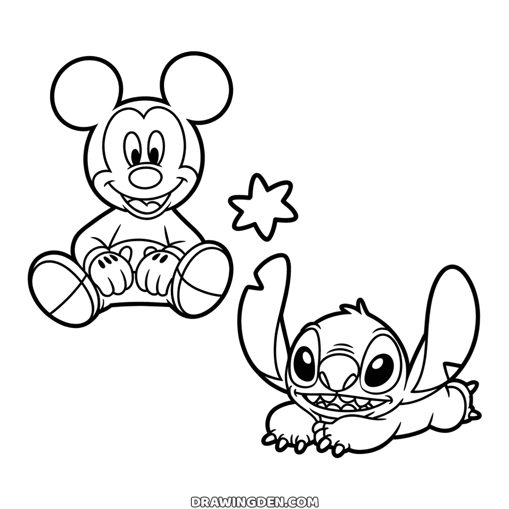 Mickey Mouse sitting on the ground smiling while Stitch lies on his belly beside him with his big ears and a grin, a star between them