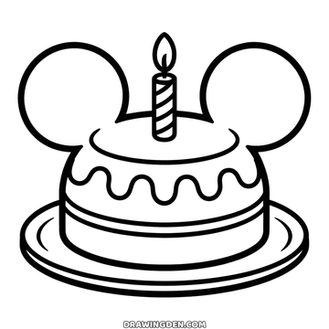 Birthday cake shaped like a Mickey Mouse head, two round ears, dripping icing and one lit candle, on a cake plate