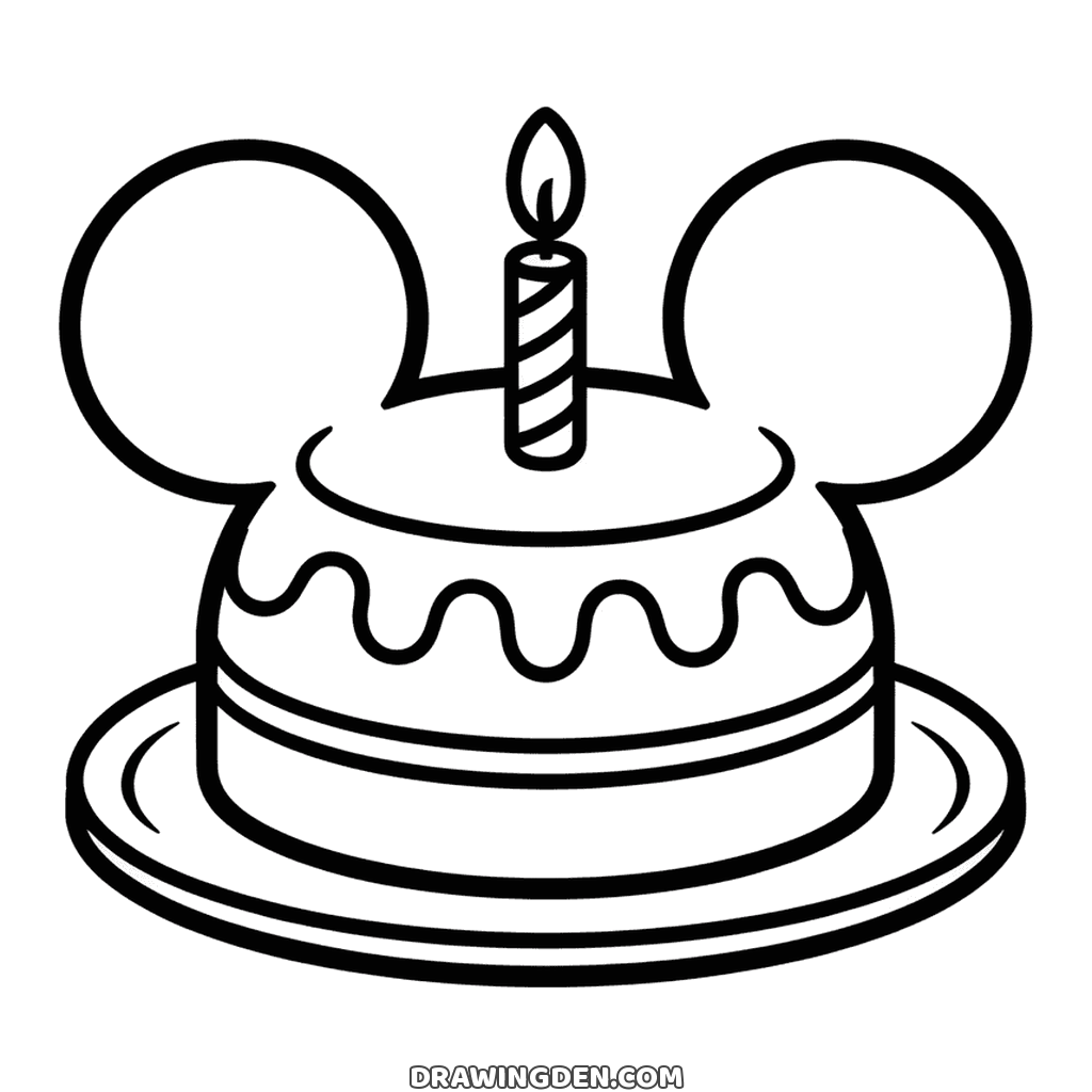 Birthday cake shaped like a Mickey Mouse head, two round ears, dripping icing and one lit candle, on a cake plate