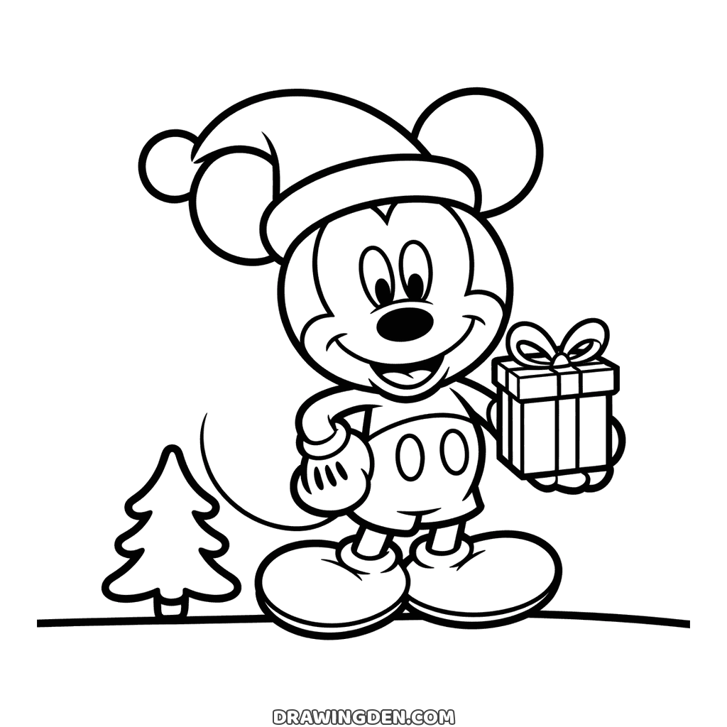 Mickey Mouse in a Santa hat holding a wrapped Christmas present with a bow, a small Christmas tree standing on the ground line beside him