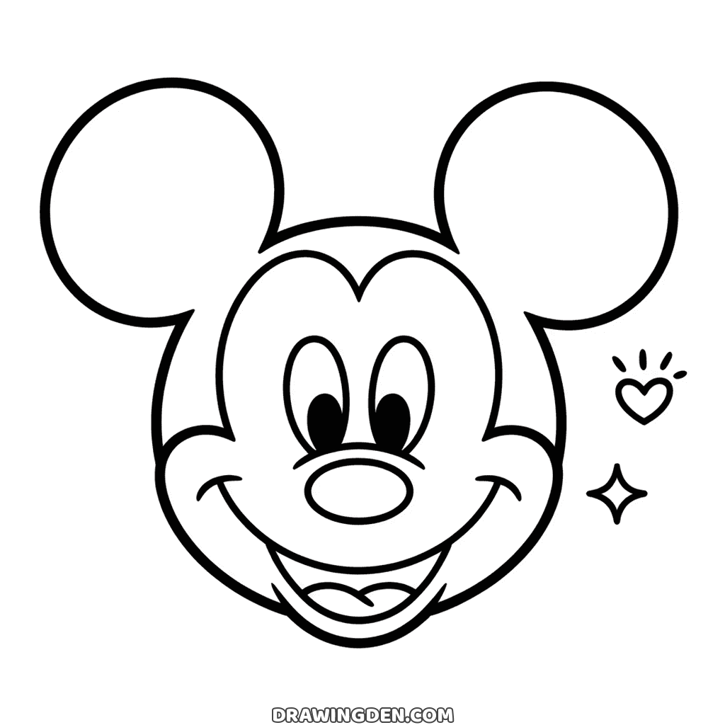 Smiling Mickey Mouse face seen from the front, two big ears, a little heart and a sparkle drawn beside his cheek