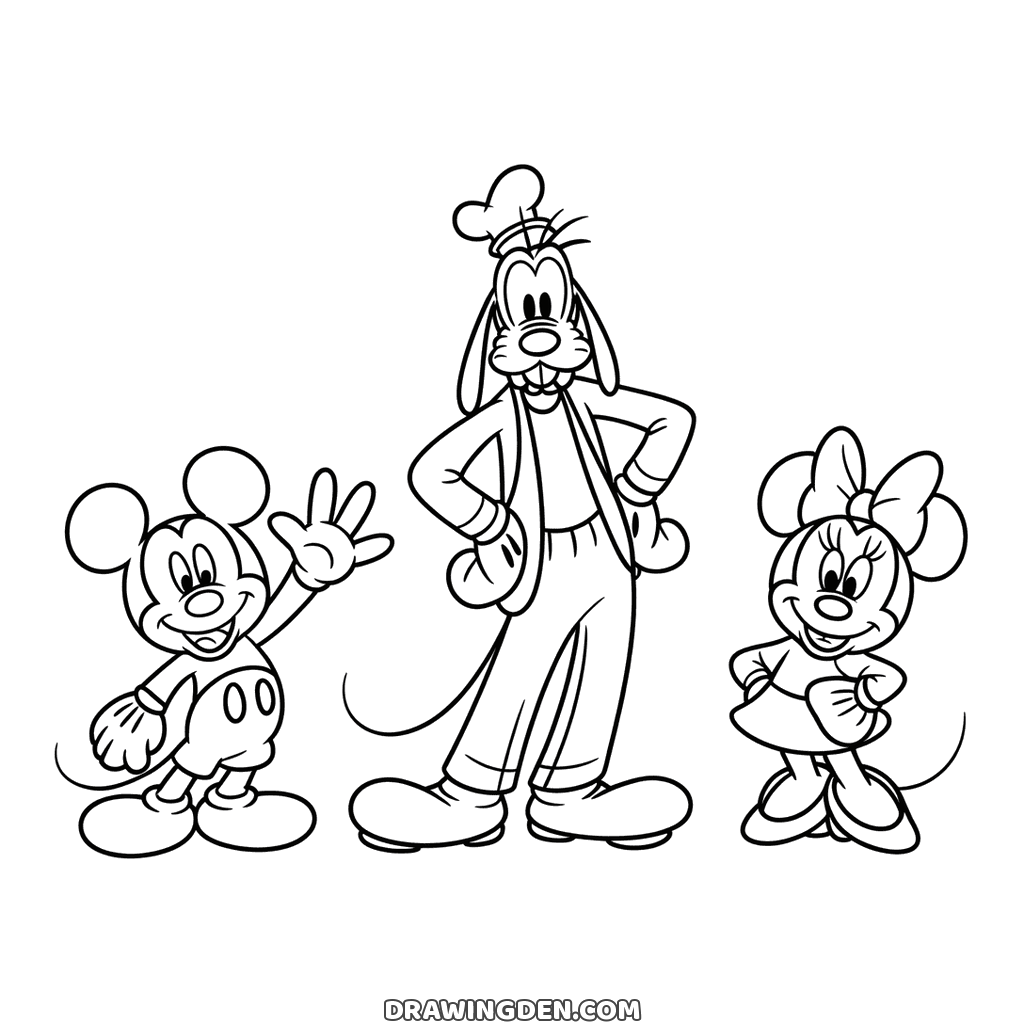 Mickey Mouse waving on the left, tall Goofy standing in the middle with his hat and long ears, and Minnie Mouse on the right