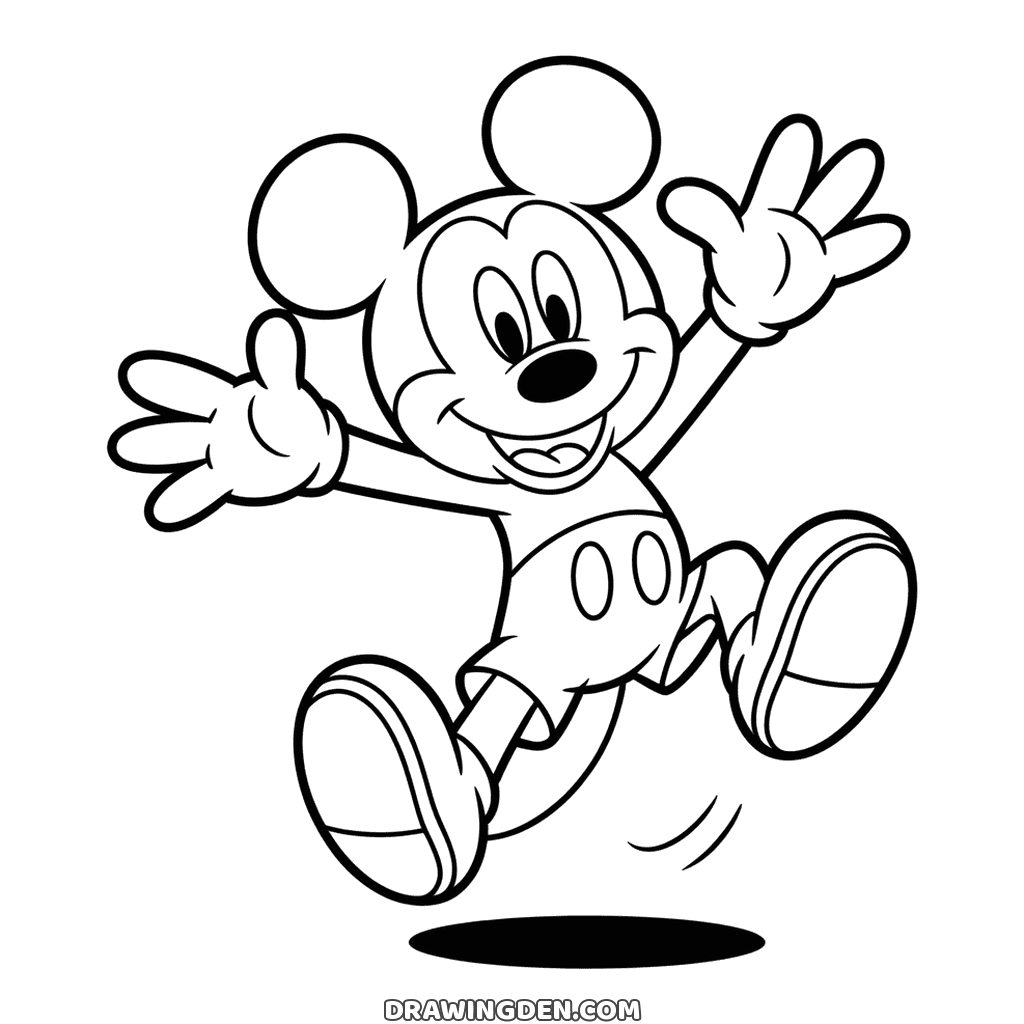 Mickey Mouse jumping for joy with his arms thrown up, one hand waving, his shoes kicked out and a shadow on the ground below