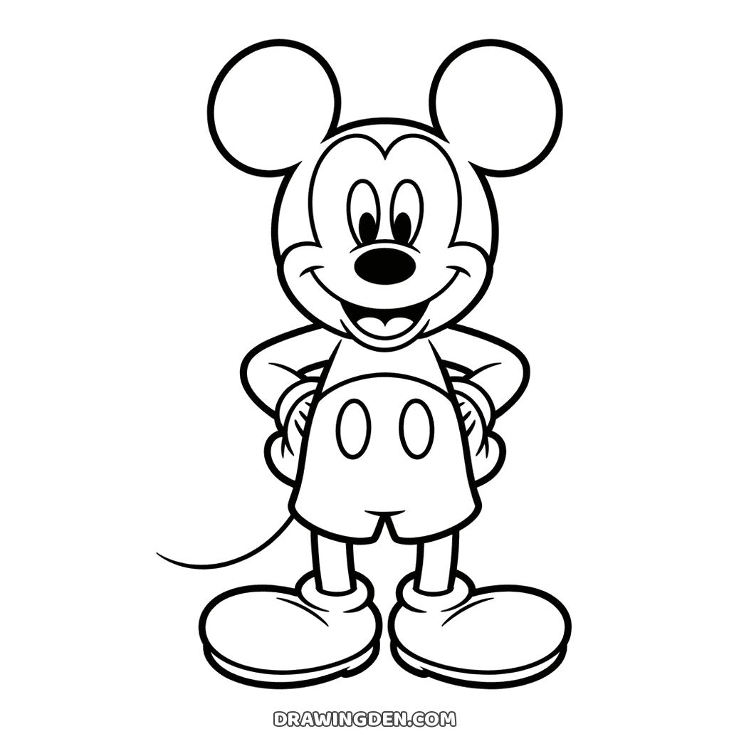 Mickey Mouse standing face on, hands on his hips, big round ears, shorts with two buttons and his thin tail curling behind