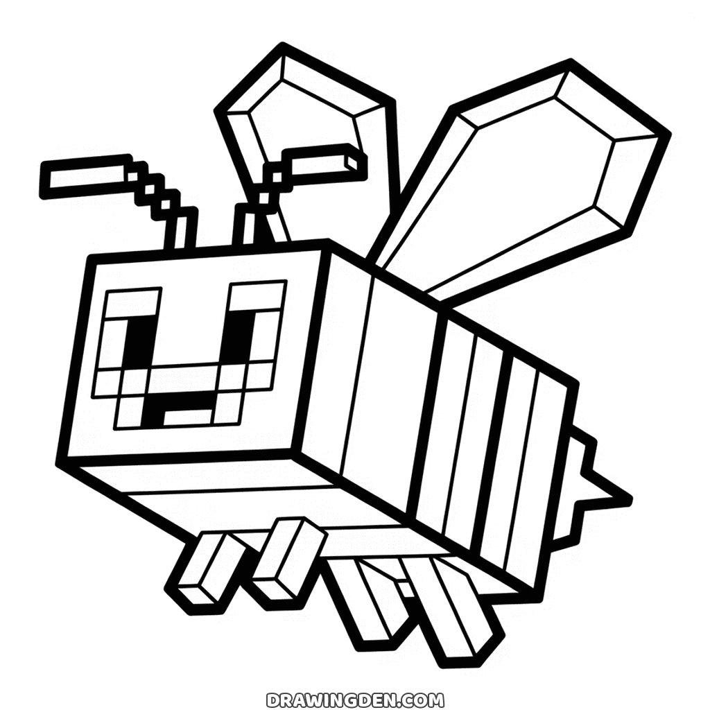 Minecraft bee flying with its box body, wide smile, two upright wings and bent antennae