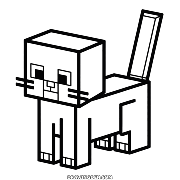 Minecraft cat standing with a square head, whiskers, small ears and its tail pointing straight up