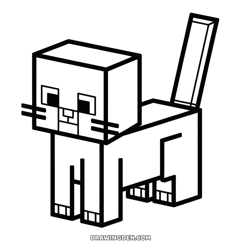 Minecraft cat standing with a square head, whiskers, small ears and its tail pointing straight up