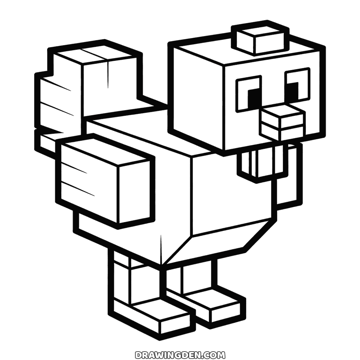 Minecraft chicken made of blocks, with a square beak, red wattle and a block wing on each side