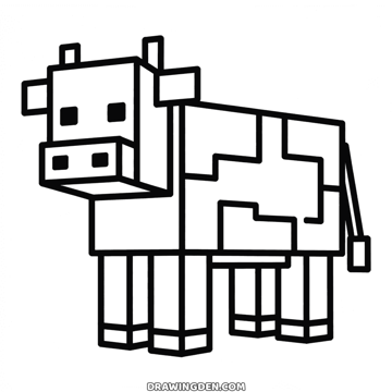 Minecraft cow standing side on with square patches on its body, short horns and a pink snout
