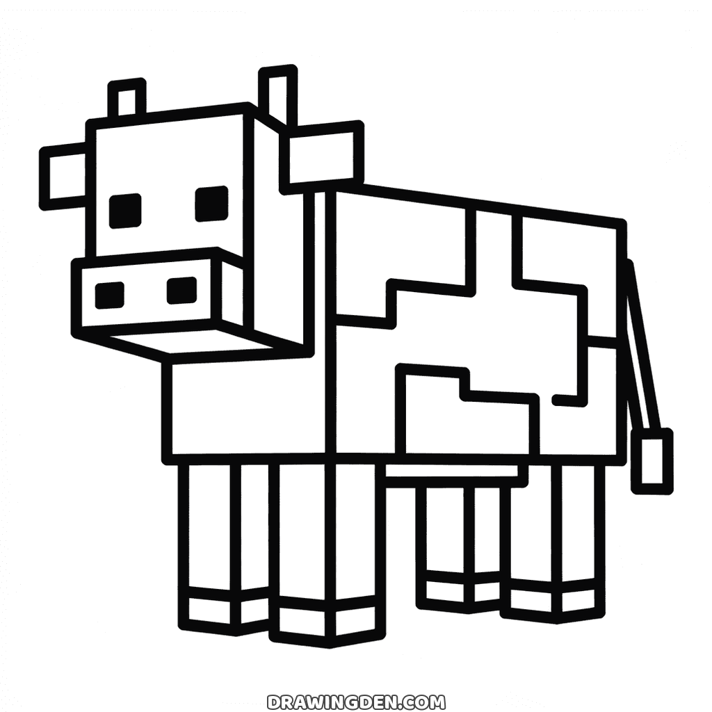 Minecraft cow standing side on with square patches on its body, short horns and a pink snout
